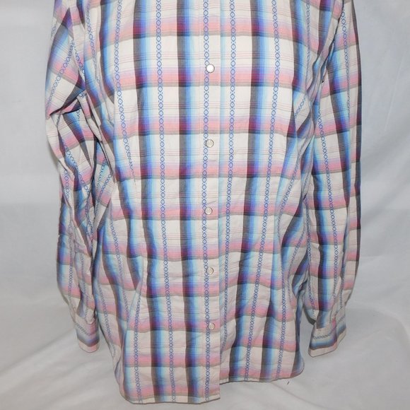 WRANGLER Womens L Pink Blue White Western Pearl Snap Shirt - Picture 4 of 14